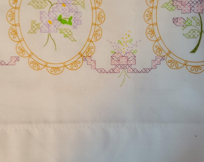 Stamped Cross Stitch Pair of Pillowcases Flowers. FREE SHIPPING. Older Condition.