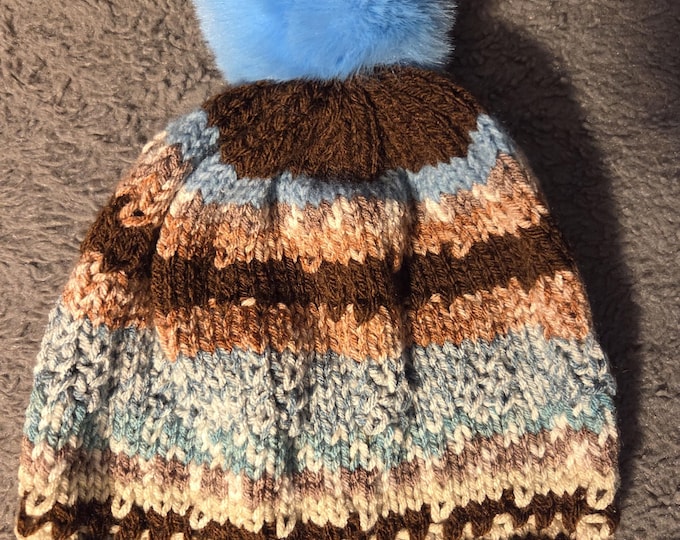 Handmade Knit Kids Hat Size Large. Acrylic Yarn. Brown and Blue Stripes with Blue PomPom. FREE Shipping.