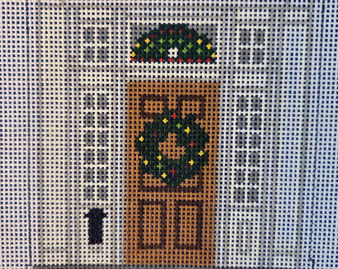 Holiday Door 18 mesh Needlepoint Canvas 6.5" x 7" Preowned Good Condition. Free Shipping.