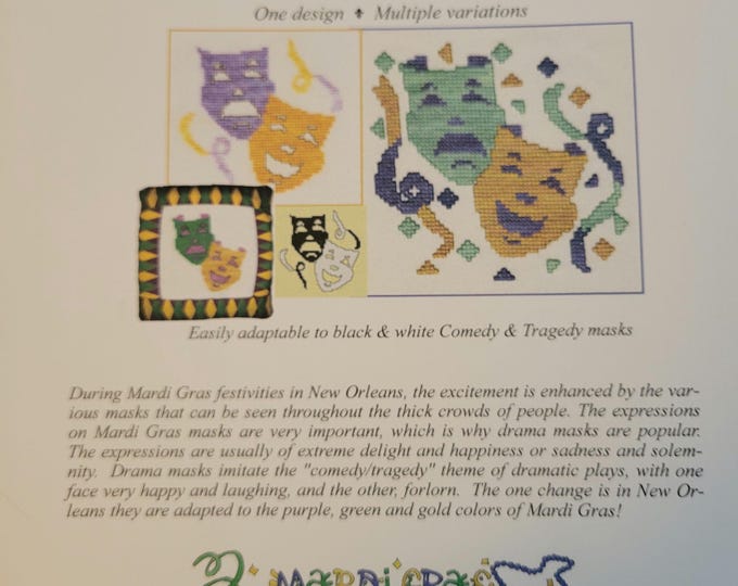 Mardi Gras Drama Masks Cross Stitch Pattern. FREE Shipping. Good Condition.