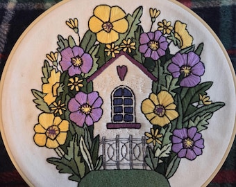 Beige Birdhouse with Yellow Flowers Handmade Embroidered Picture in 8inch Hoop with Felt Backing. Free Shipping. Some glue markings on back.
