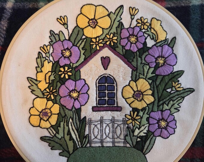Beige Birdhouse with Yellow Flowers Handmade Embroidered Picture in 8inch Hoop with Felt Backing. Free Shipping. Some glue markings on back.