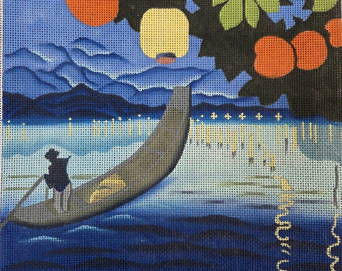Boat Chinese Lanterns Needlepoint Canvas 13"x13" -  8"x8"  finished size #18 mesh. Preowned Condition. Free Shipping.