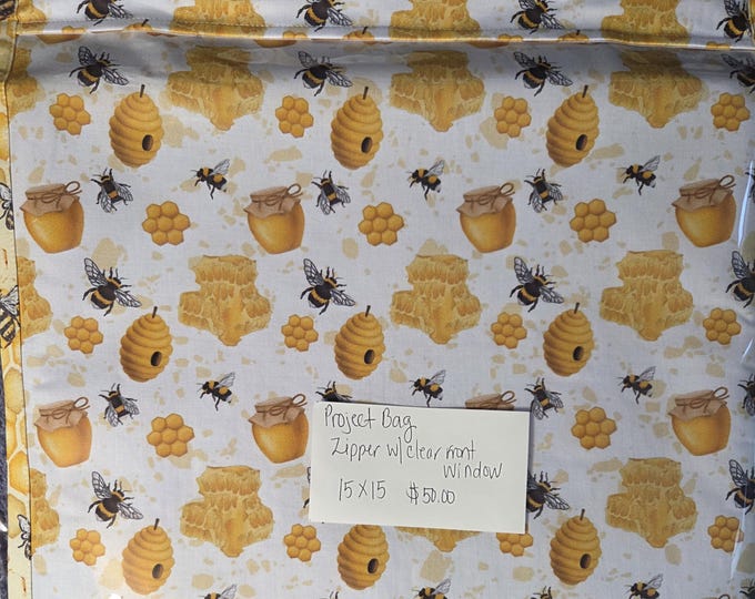 15x15 Bees Project Bag with Zipper and Clear Front. Preowned Never Used. FREE SHIPPING