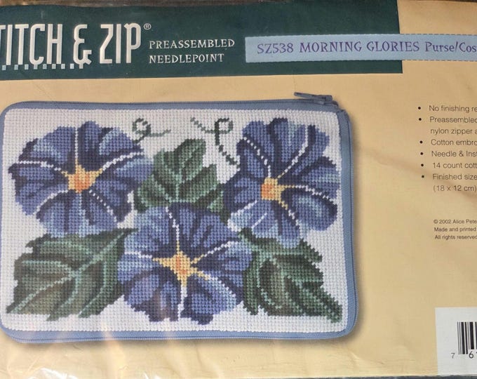 Alice Peterson Stitch & Zip Morning Glories Purse/Cosmetic Case Christmas Igloo Needlepoint Canvas. Preowned Estate Sale Good Condition.