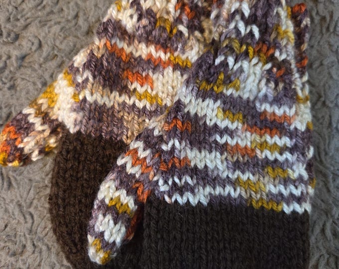 Handmade Knit Kids Mittens Size Small (ages 4 to 6) width 3 inch length 7 inch  Acrylic Yarn. Brown Multi Color Variegated. FREE Shipping.