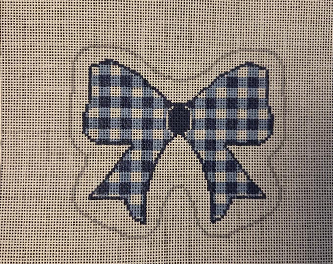 KCN Blue Gingham Bow Needlepoint Canvas with Threads 18# 4"x4.5". Preowned Estate Sale Like New Condition. Free Shipping.