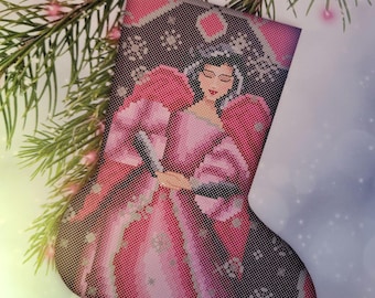 Stocking Angels Magenta #2 Cross Stitch Pattern. FREE SHIPPING.