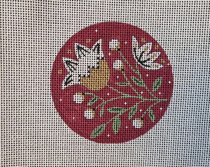 White Flower on Red Needlepoint Canvas 13# 4" Round. Preowned Estate Sale Good Condition. Free Shipping.