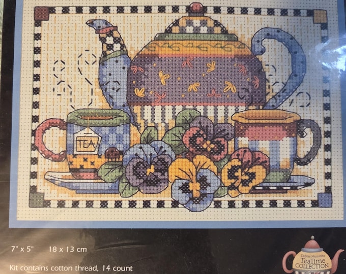 Dimensions Teatime Pansies Counted Cross Stitch Kit. FREE SHIPPING. Good Condition.