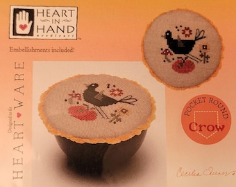 Heart in Hand Pocket Round Crow Cross Stitch Pattern with beads. FREE SHIPPING.