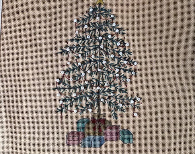 Illuminations Christmas Tree with Gifts Canvas with sewn on beads. Preowned Used Older Condition. FREE SHIPPING.