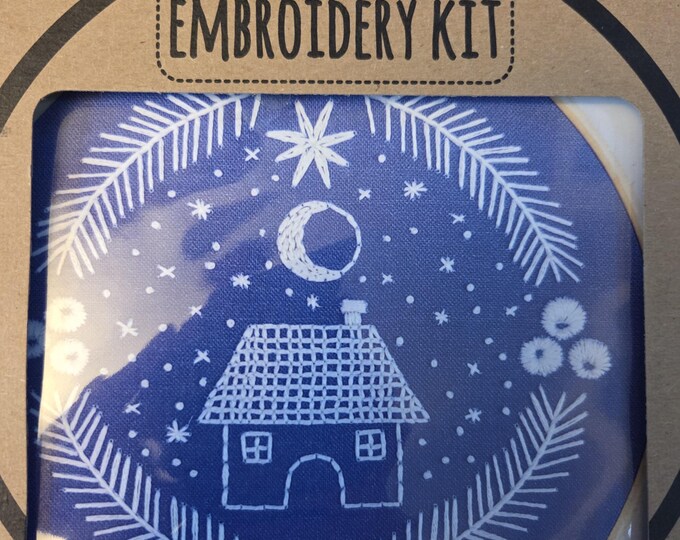 Cozy Blue Holiday Home Embroidery Kit. FREE SHIPPING. Estate Sale Preowned Good Condition.