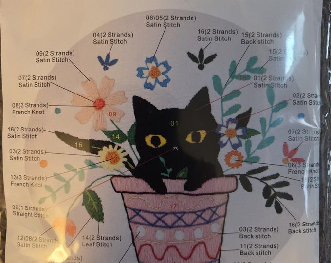Embroidery Stitches Cat in Flower Pot JD100 Counted Cross Stitch Kit. FREE SHIPPING. New Condition. Hoop Included.