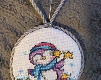 Handmade 3inch Penguin Christmas Ornament Cross Stitched. FREE SHIPPING.
