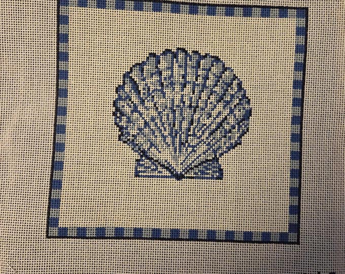 Kelly Clark Scallop Shell Needlepoint Canvas with Threads 13# 8"x8". Preowned Estate Sale Like New Condition. Free Shipping.