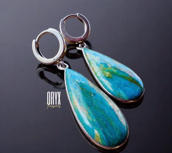 Blue Green Peruvian Opal Drop Earrings: Sterling Silver, High Dome