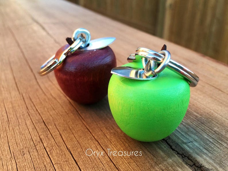 Deep Black Cherry Wooden Apple Keychain Hand Stamped Apple Keychain