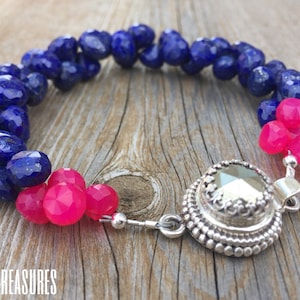 Nontreated Afghani Lapis Lazuli Bracelet | Hot Pink Chalcedony | Royal Blue Lapis Lazuli | Pyrite Flecks | Unique Faceted Pyrite Box Clasp