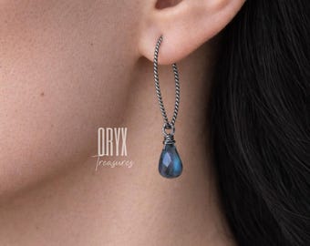 Pendientes colgantes de labradorita hechos a mano: plata de ley oxidada, grado AAA