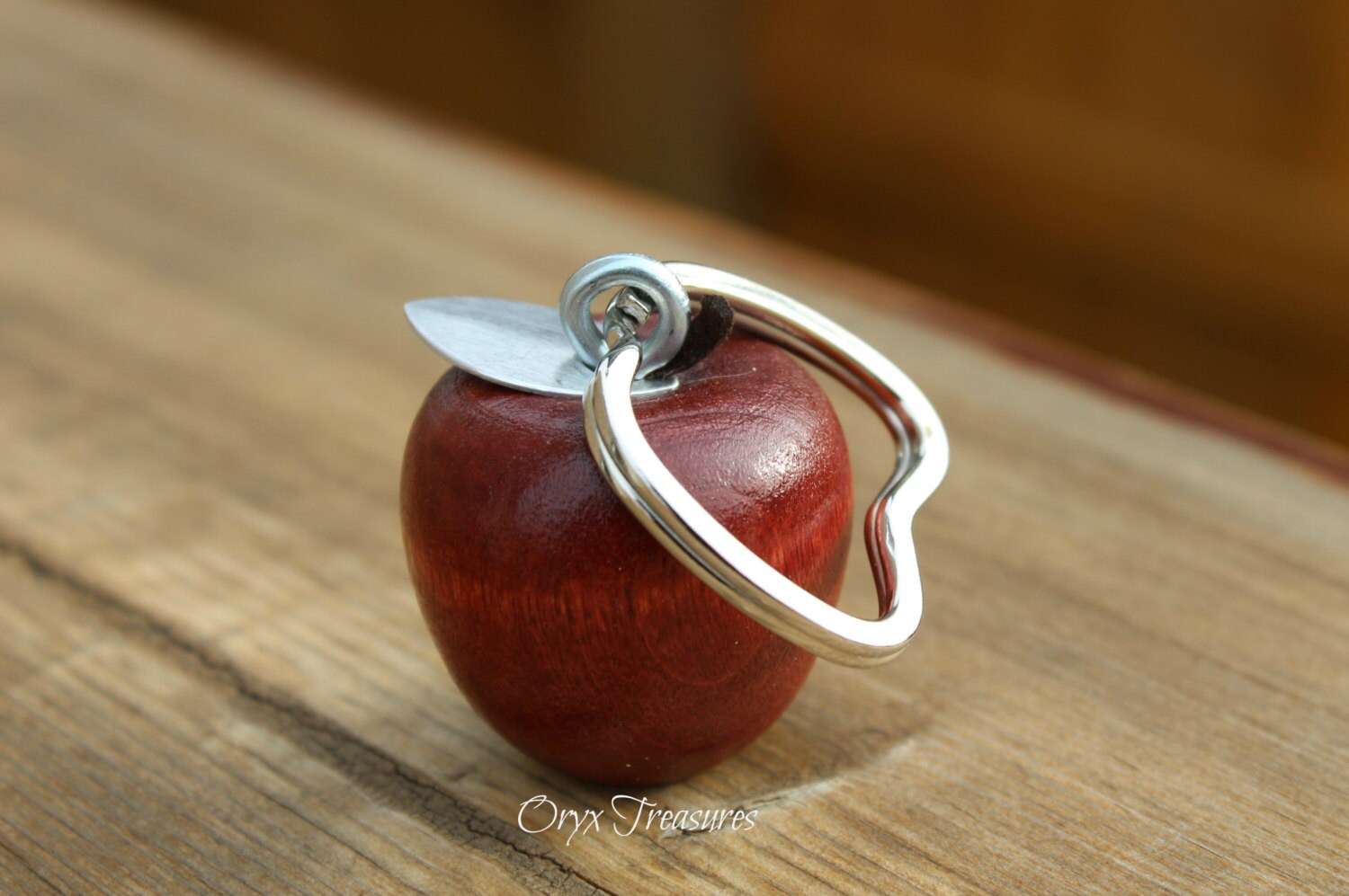 Deep Black Cherry Wooden Apple Keychain Hand Stamped Apple Keychain
