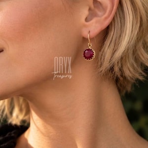 Indian Ruby Earrings: 24k Gold Plated Crown Setting, Gold Filled Hooks