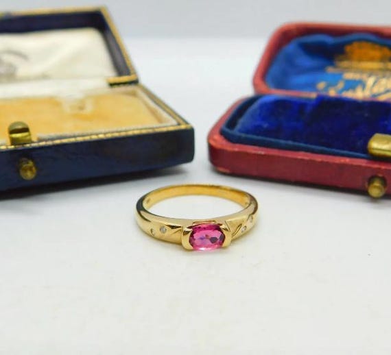 9ct Pink Tourmaline Ring, 9k Solid Gold Ring, Pink Tourmaline & Diamond Band, Vintage Pre-loved Pink Tourmaline Bezel Ring