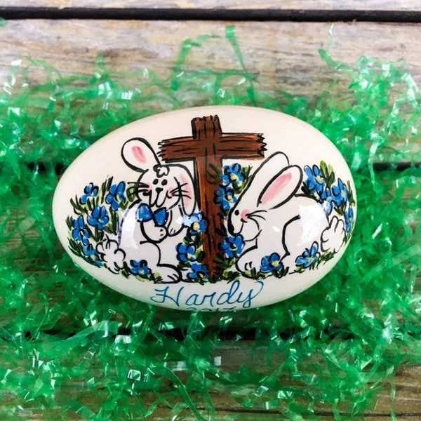 Cross and Bunnies - Personalized Ceramic Easter Egg
