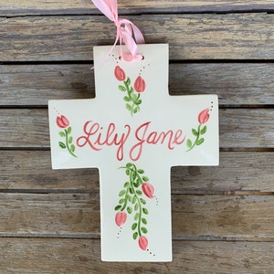 Ceramic Crosses Baptism Gift Roses and Pink/Purple Plaid