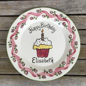 Happy Birthday Plate Personalized with Name, Cupcake, and Roses