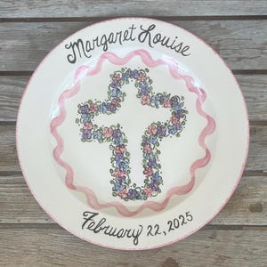 Flower Cross Personalized Ceramic Plate Christening Baptism Gift