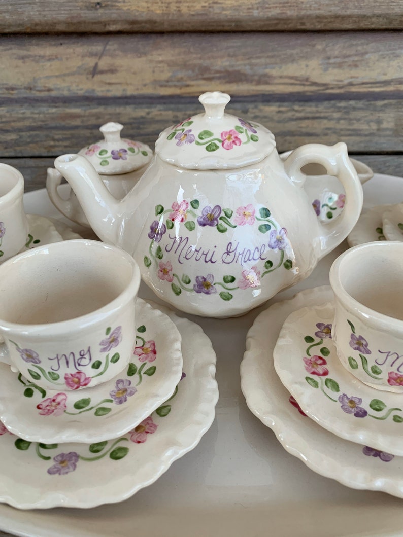 Large Ceramic Tea Set 4 Cup With Plates and Saucers Etsy