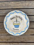 Happy Birthday Plate Personalized with Name, Cupcake, and Polka Dots - Blue