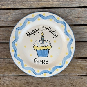 Happy Birthday Plate Personalized with Name, Cupcake, and Polka Dots - Blue