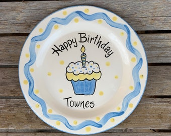 Happy Birthday Plate Personalized with Name, Cupcake, and Polka Dots - Blue