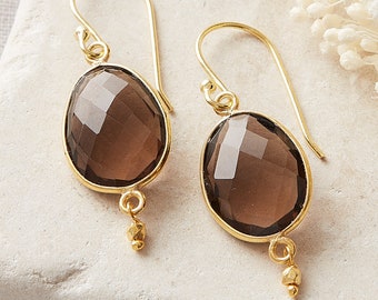 Smokey Quartz Drop Earrings, Quartz 18k Gold-plated Earrings, Quartz Oval Gemstone Earrings, Brown Gemstone Earrings, Clear Brown Earrings