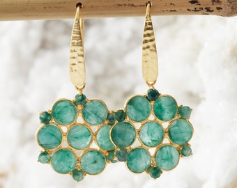 Emerald Mandala Gemstone Earrings, 18K Gold Plated Earrings, Multi-Gemstone Earrings, Green Gemstone Earrings, May Birthstone
