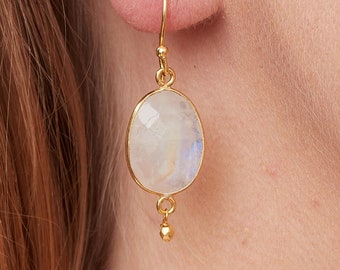 Moonstone Gold Drop Earrings, White Iridescent Gemstone Gold Bead Earring, June Birthstone Jewellery, Wedding Jewellery