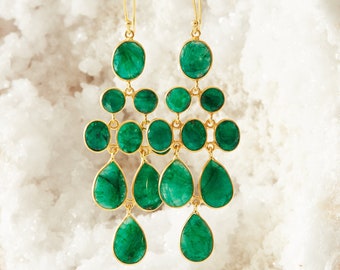 Emerald and Gold Drop Earrings, Emerald Chandelier Earrings, Emerald Statement Earrings, Gemstone Dangly Earrings, May Birthstone Earrings