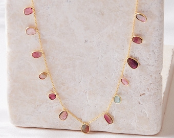 Multicolour Tourmaline Necklace,  Tourmaline Drops Gold chain Necklace, Gemstone Necklace, Tourmaline Pebble Necklace, October Birthstone