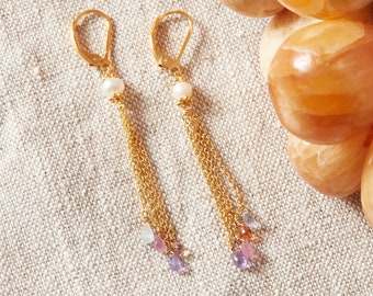 Pearl and Sapphire 18K Gold Vermeil Dangly Chain Earrings, September Birthstone, June Birthstone