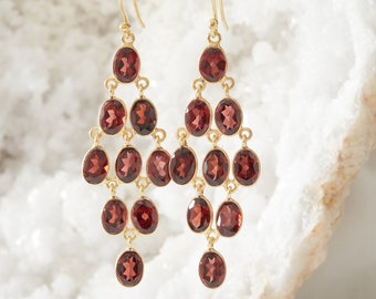 Garnet and Gold Chandelier Drop Earrings, Gemstone and Gold Chandelier Earrings, Chandelier Statement Earrings, January Birthstone Jewellery