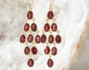 Garnet and Gold Chandelier Earrings, Gemstone Chandelier Earrings, Gemstone Statement Earrings, Garnet Party Earrings, January Birthstone