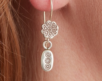 Silver ethnic boho style dangly earrings, Stamped Silver Drop Earrings, Handmade Earrings, sterling Silver