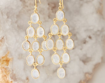 Moonstone Chandelier Earrings, Gemstone Gold Chandelier Earrings, Rainbow Moonstone Statement Earrings, June Birthstone