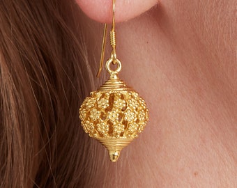 Gold Filigree Ball Drop Earrings, 18K Gold Plated Sterling Silver, Ethnic Design Dangly Earrings