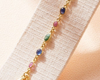 Ruby, Emerald, Sapphire and Gold Bracelet, Gemstone and 18K Gold Vermeil Tennis Bracelet, Gemstone Jewellery