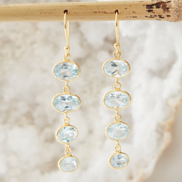 Blue Topaz Long Earrings, Topaz and Gold Drop Earrings, Gemstone Pebble Drop Earrings, Blue Gemstone Earrings, Topaz, December Birthstone