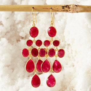 Ruby Gold Chandelier Earrings,  Teardrop Red Earrings, Red Ruby Statement Earrings, 18K Gold and Silver, July Birthstone