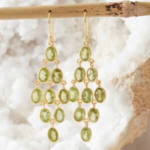 Garnet and Gold Chandelier Drop Earrings, Gemstone and Gold Chandelier Earrings, Chandelier Statement Earrings, January Birthstone Jewellery Green Peridot